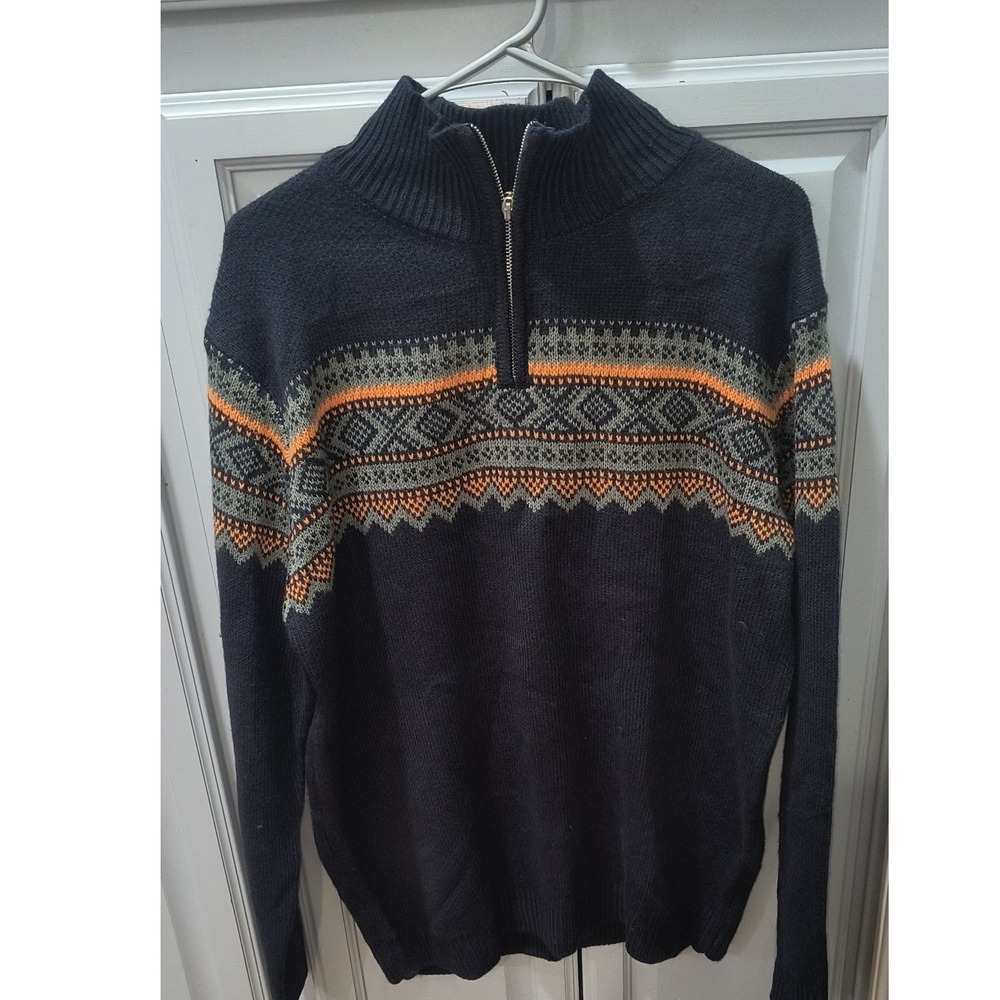 Coofandy Mens XL Quarter Zip Sweater Navy Blue Orange Fair Isle Geometric Knit